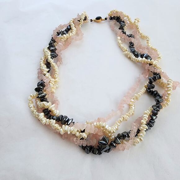 Pearl Rose Quartz Pink Hematite Necklace Choker beaded 14K Yellow Gold Filled - Picture 4 of 6